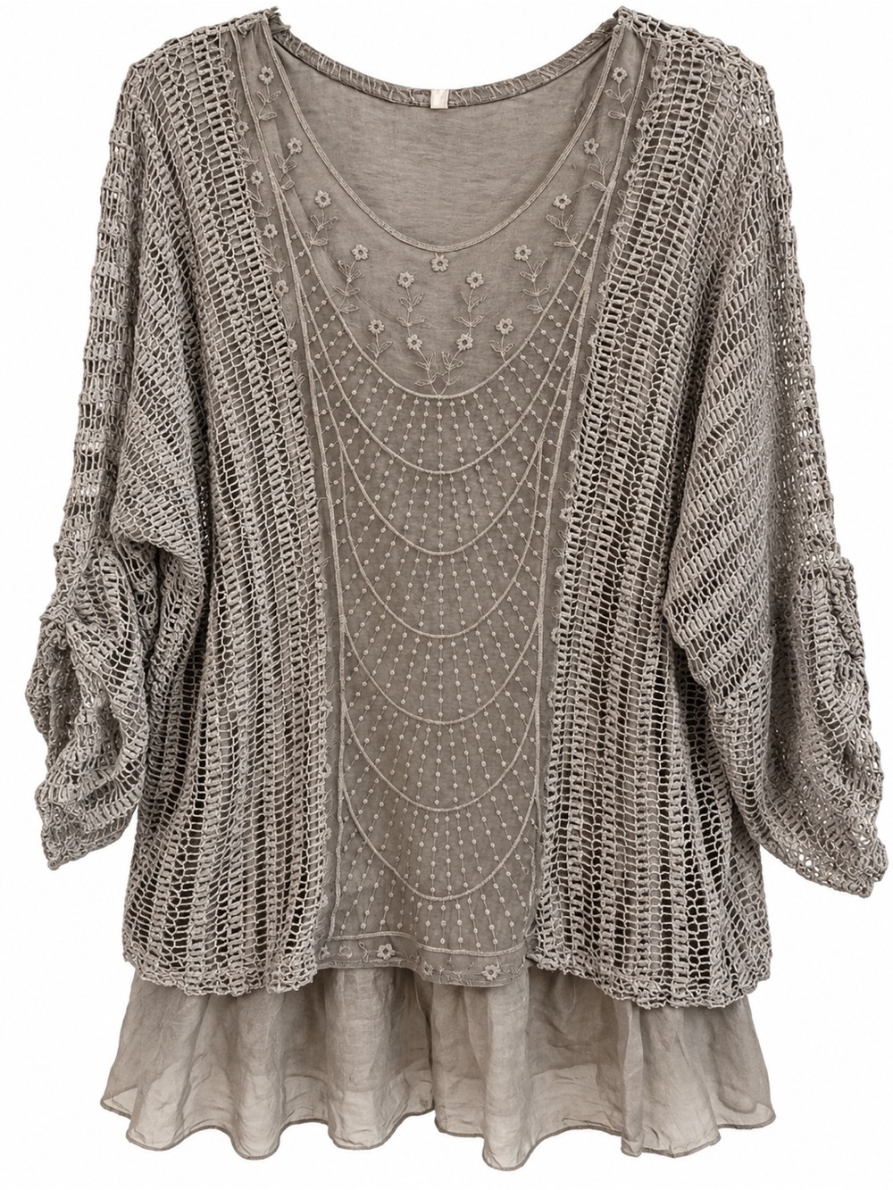 Belle France Taupe Crochet Embroidered Ruffle
Hem Layered Blouse Lagenlook Boho
